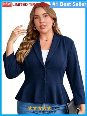 Plus Size Peplum Blazer 3/4 Sleeve Shawl Lapel Business Casual Jacket